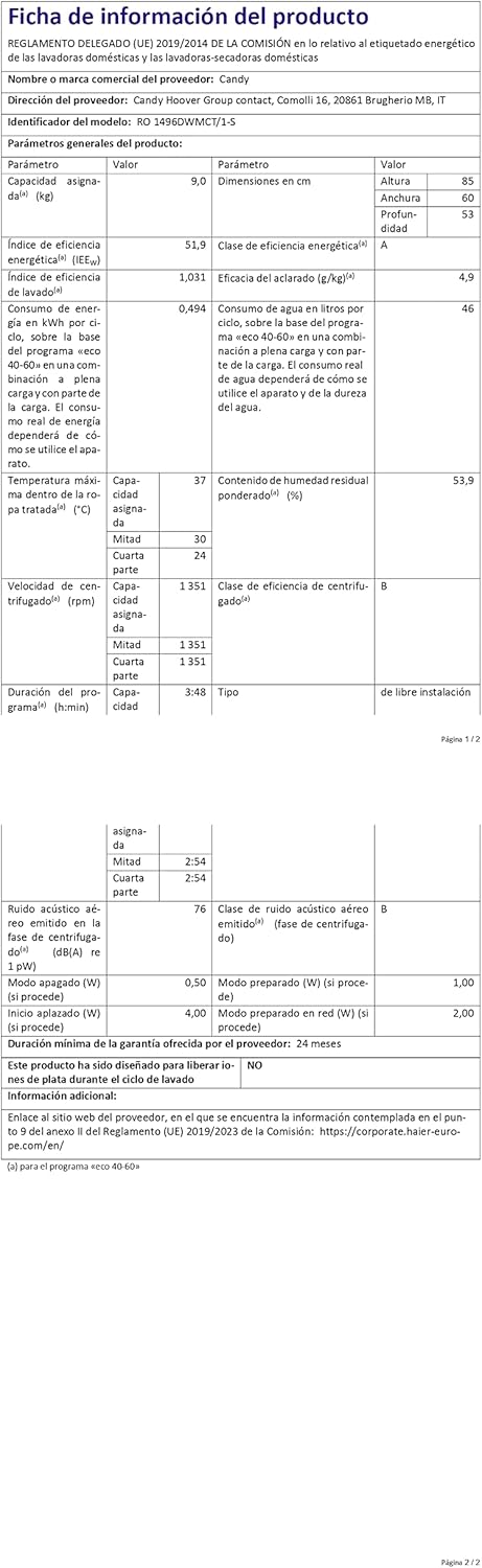 Detailed product information sheet for Candy RO1496DWMCT washing machine