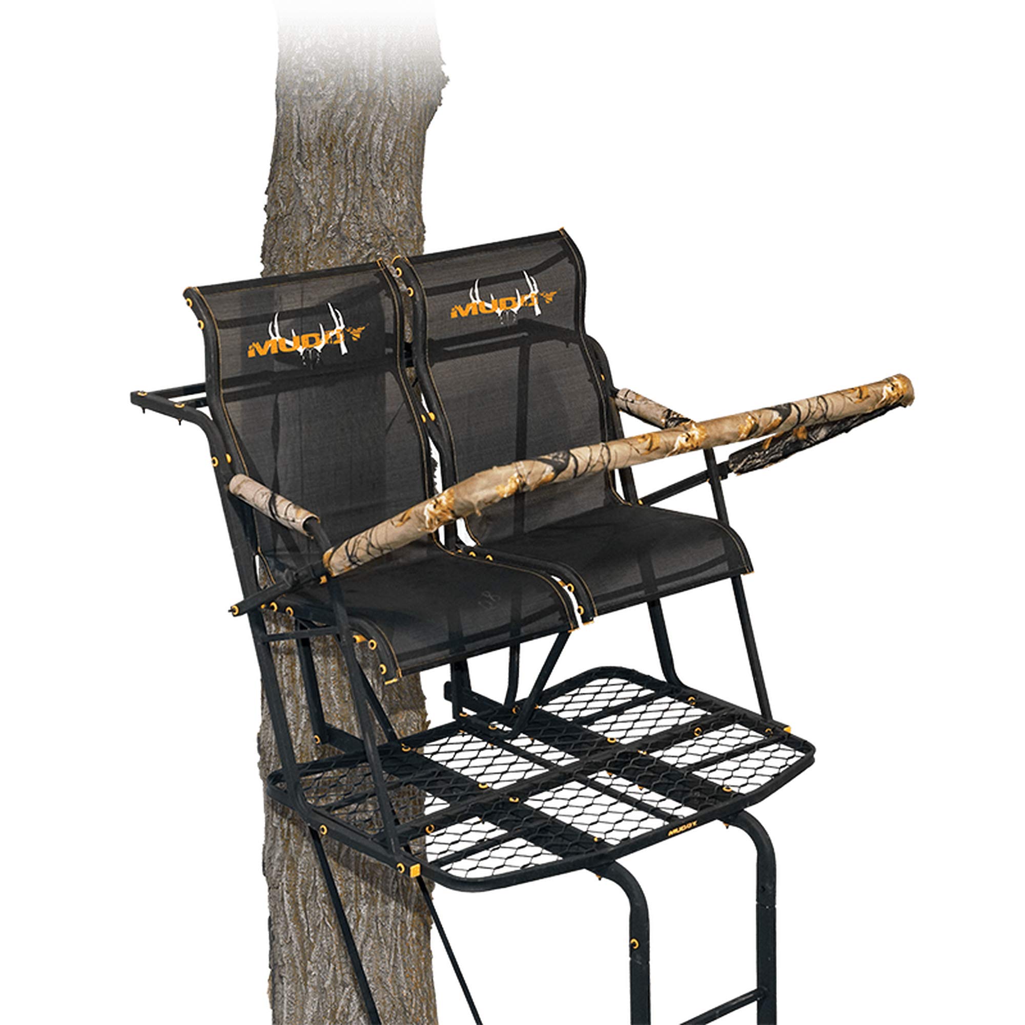 Muddy MLS2800 Rebel 2.5 17-Foot Tall 2-Person Flex-Tek Lumbar Support Seat Deer Hunting Ladder Tree Stand with Flip Up Shooting Rail, Black (2 Pack)