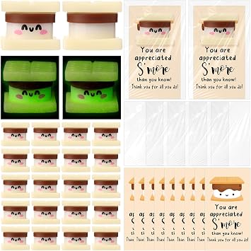 Wettarn 30 Sets Emotional Luminous SMore Stress Ball Gifts Bulk Graduation Employee Appreciation Gift Cute Marshmallow Squeeze Mini Stress Relief Ball Positive Cards for Coworker Nurse Staff Teacher