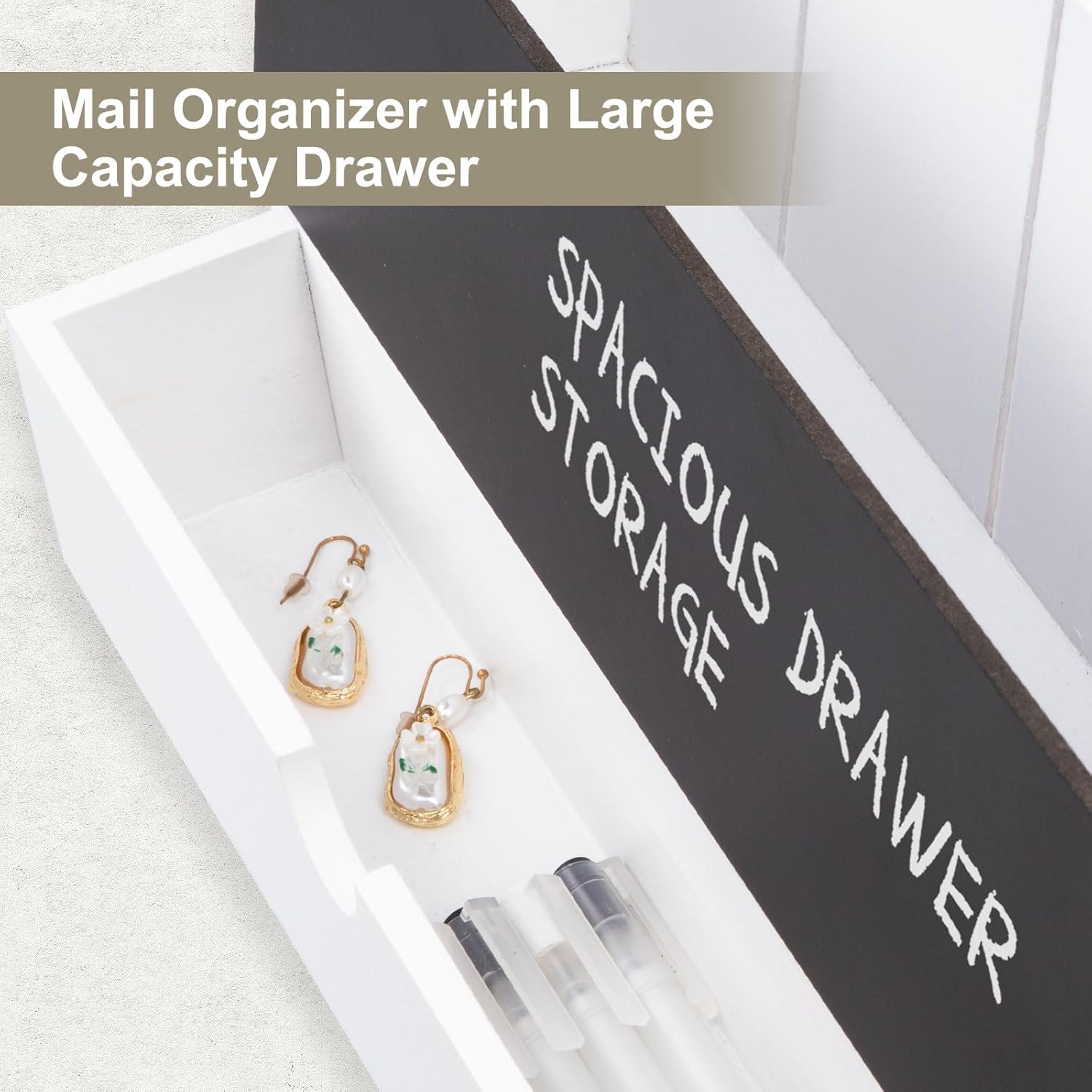 Mail and Key Holder Wall Mount with Storage Drawer – Modern Wooden Mail Organizer for Wall Entryway, 7 Key Hooks & Chalkboard Panel – Stylish Home Decor for Apartments, Living Room, Office