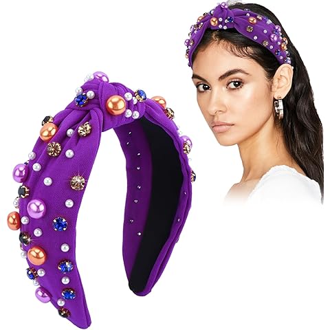 CUBACO Halloween Jeweled Knotted Headband for Women Girls - Pearl Rhinestone Wide Twist Headband, Sparkly Beaded Hairband for Halloween Party & Daily Styling Decorative Hair Accessories Purple