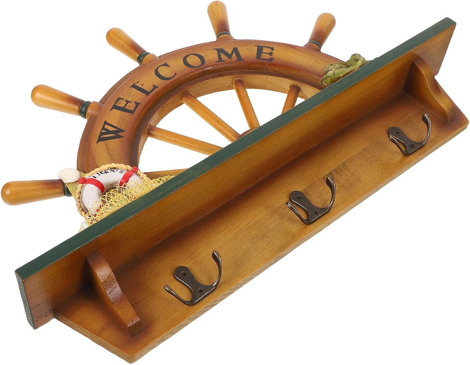 OUNONA Wooden Wall Mounted Coat Hooks Nautical Steering Wheel Rudder Key Holder Coastal Decor for Bathroom Bedroom Towel Hanger Rack