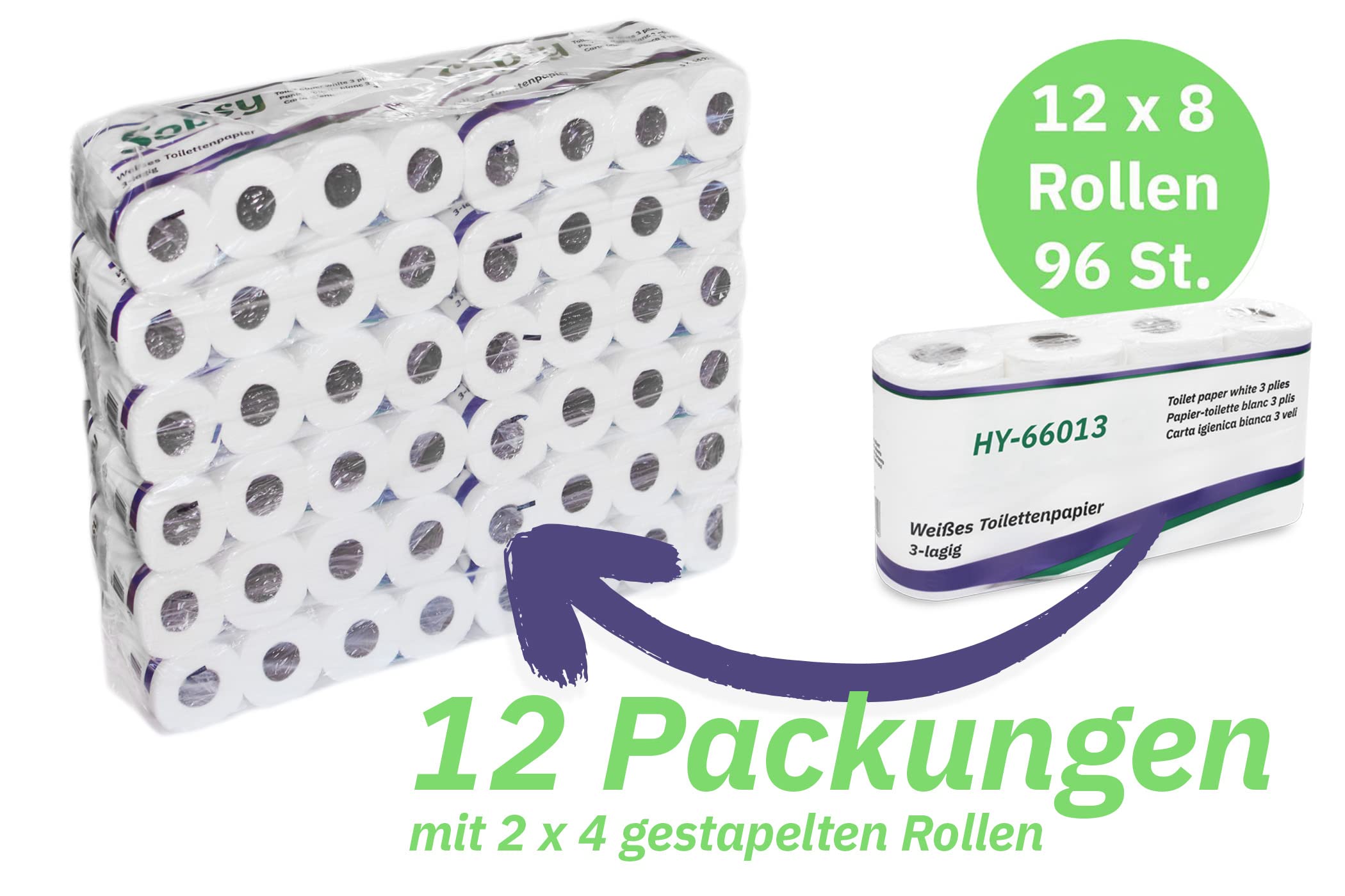 Hypafol Toilettenpapier motivgeprägt, 3-lagig | Vorteilspack mit 96 Rollen Klopapier | extra weich und reißfest | Vorratspack, 12 x 8 Rollen | aus hochwertigem weißem Zellstoff