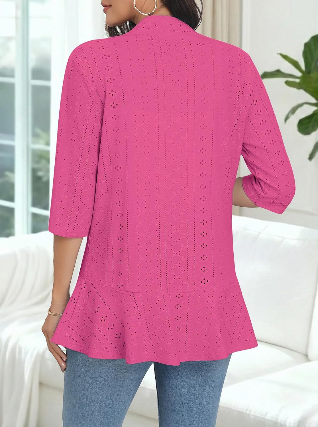 Askyes Women Cardigan 3/4 Sleeves Open Front Lightweight Soft Netted Knit Draped Ruffles Cardigan Kimono Cover Ups image 3