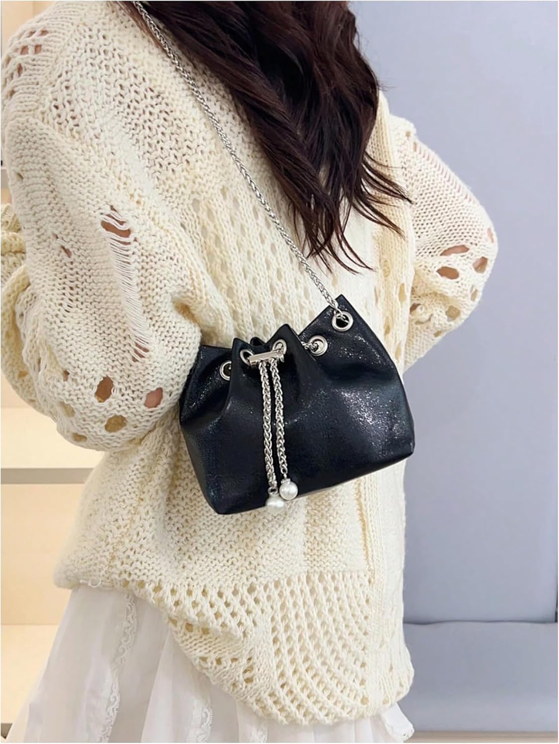 Women's Leopard Drawstring Bucket Bags Chain PU Leather Retro Crossbody Bags Purse - Image 5