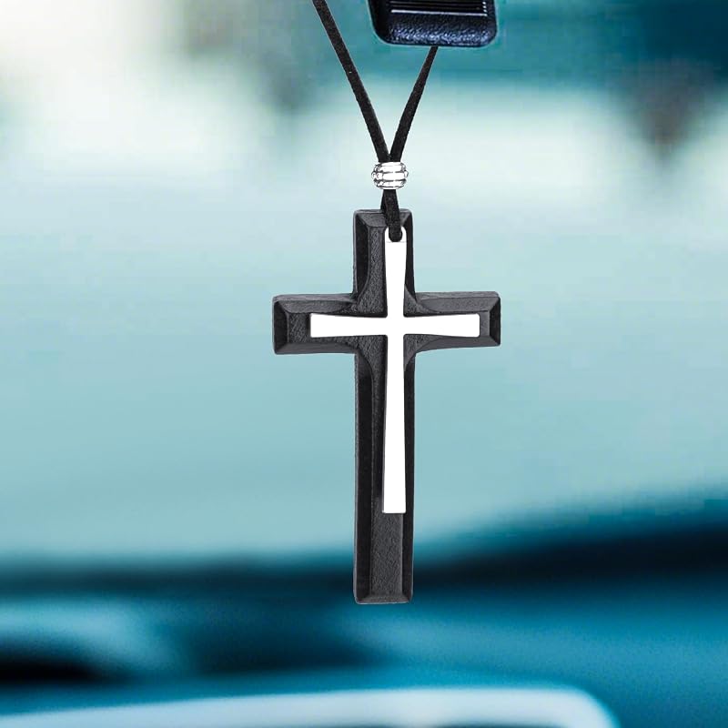 Cross for Car Mirror Hanging, Wood Cross Charms for Rear View Mirror | Car Hanging Ornament, Car Accessories Christian Accessories for Cars, Truck, Home Decor (Black)