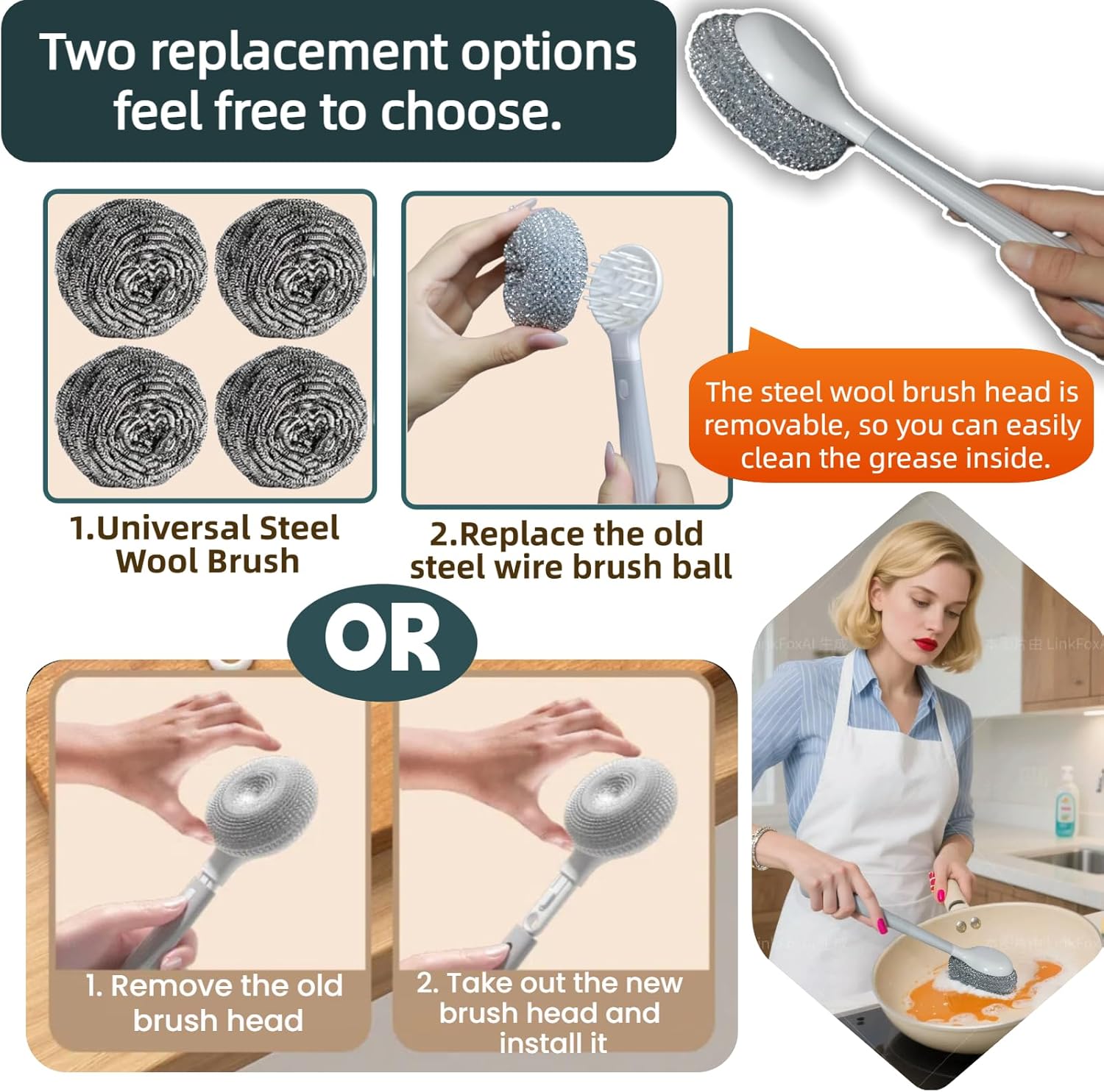 Steigullage Dish Brush with Handle,4-Pieces Dish Brush Set with Holder,Replaceable Brush Heads Long Handle Kitchen Scrubber,for Pots,Sink,Pans &Bottles.Gray