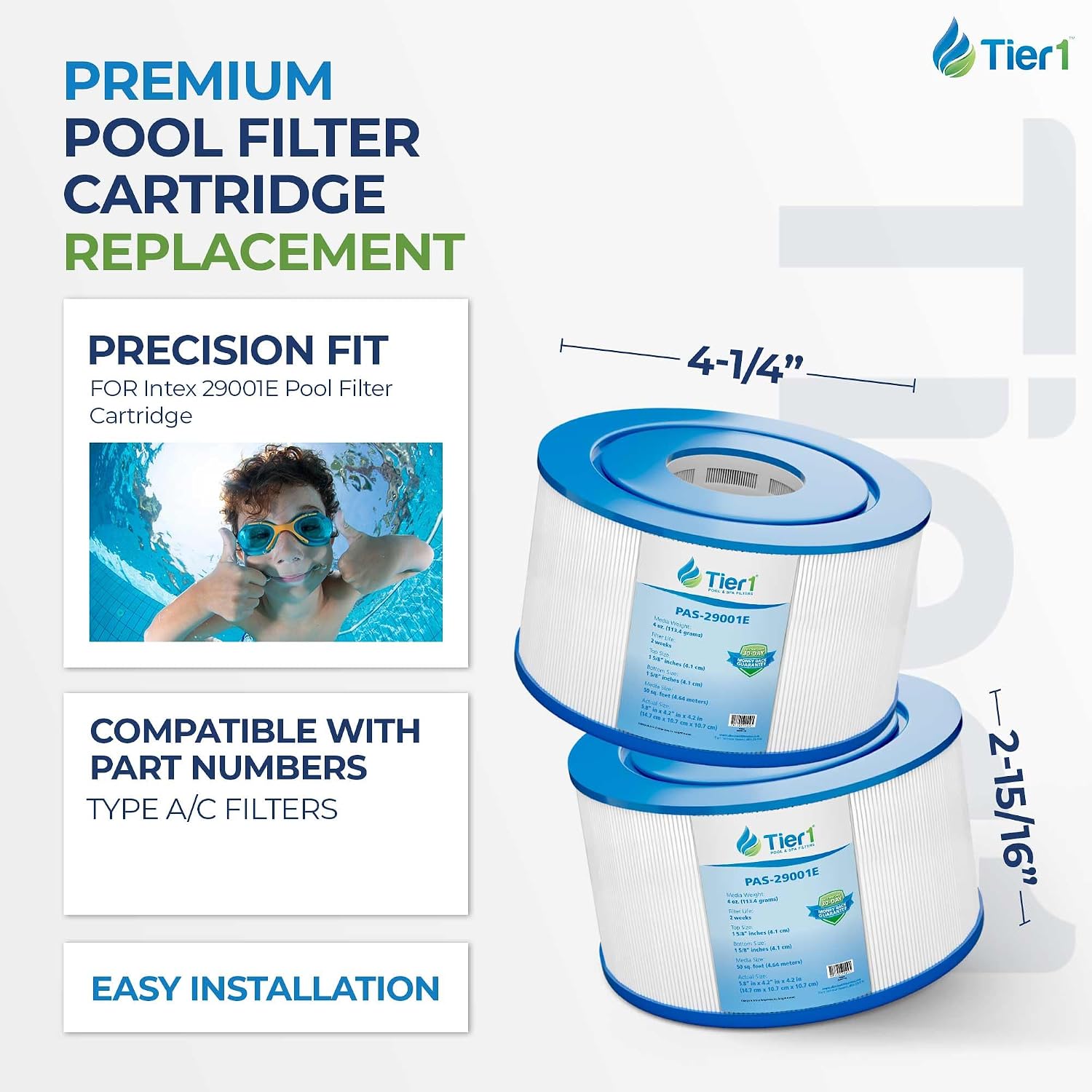 Tier1 Replacement for Intex 29001E Pool Filter Cartridge – 6 Pack | Compatible with Type A/C Filters | 2-15/16" x 4-1/4" | Trilobal Fabric | Washable Pool Cartridge