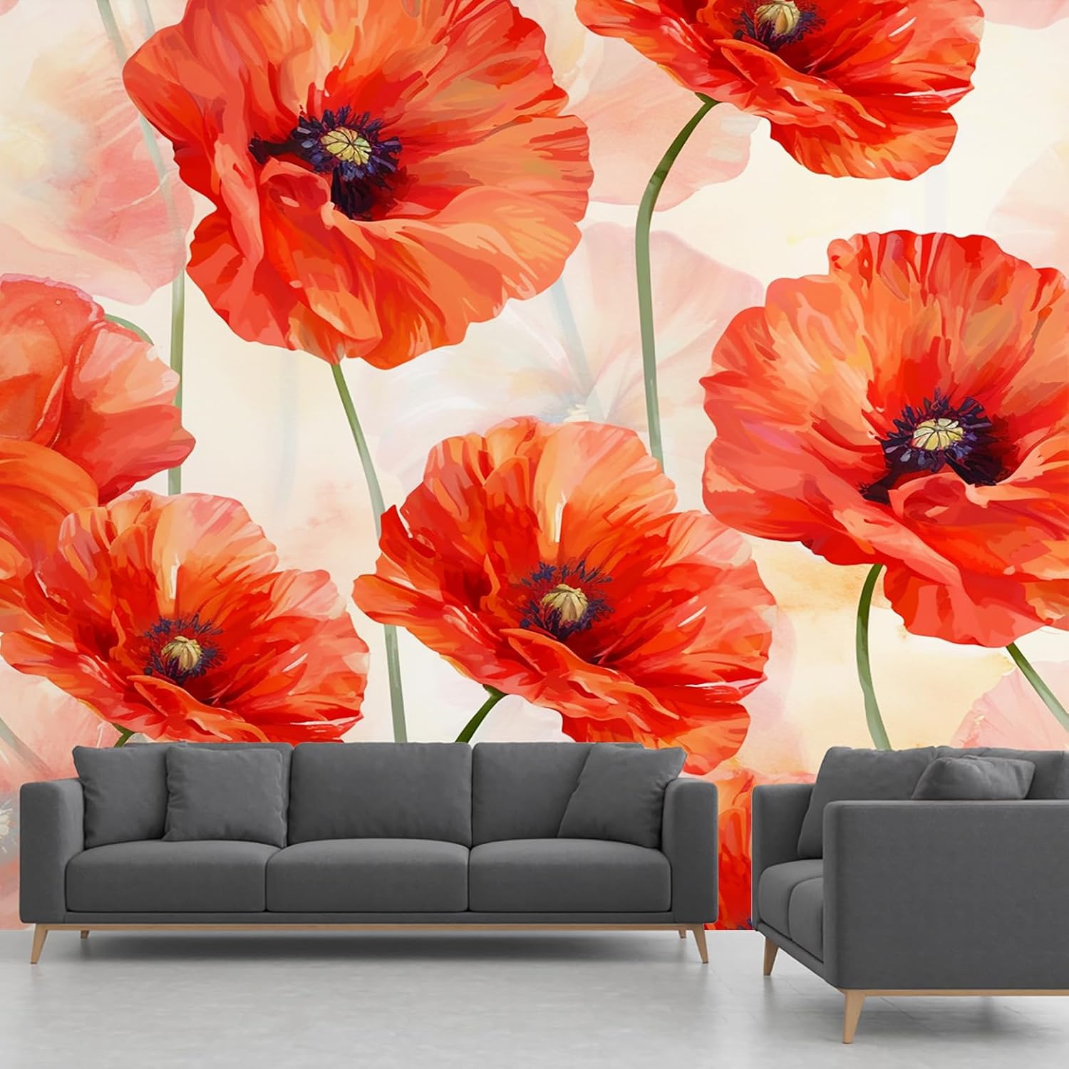 Poppy Flower Wall Mural, Red Floral Wallpaper, Watercolor Plant Murals for Bedroom Living Room Dining Room Wall Decor(Non-self-Adhesive)