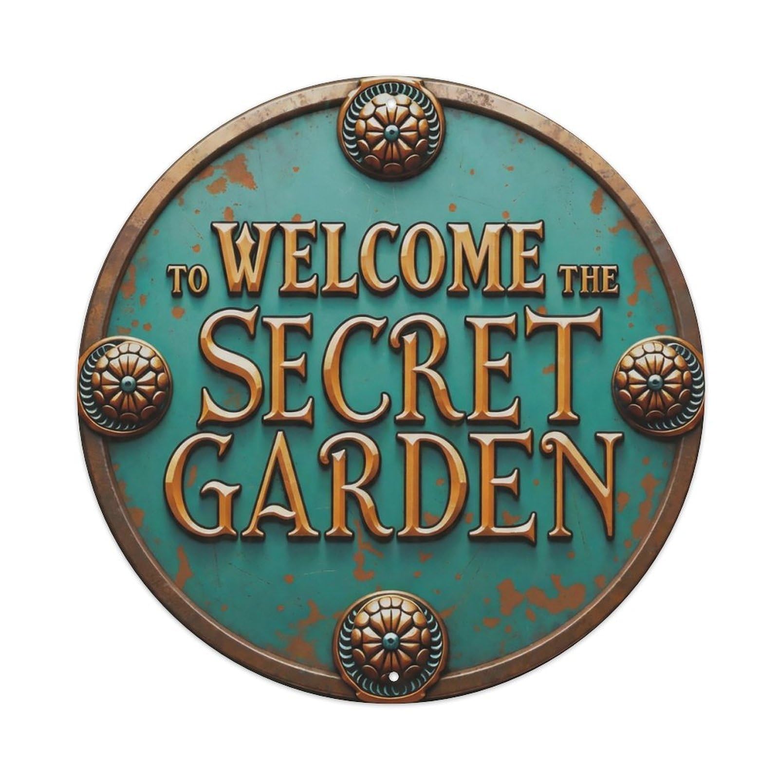 Vintage Welcome Secret Garden Geared Medallion Metal Tin Sign
