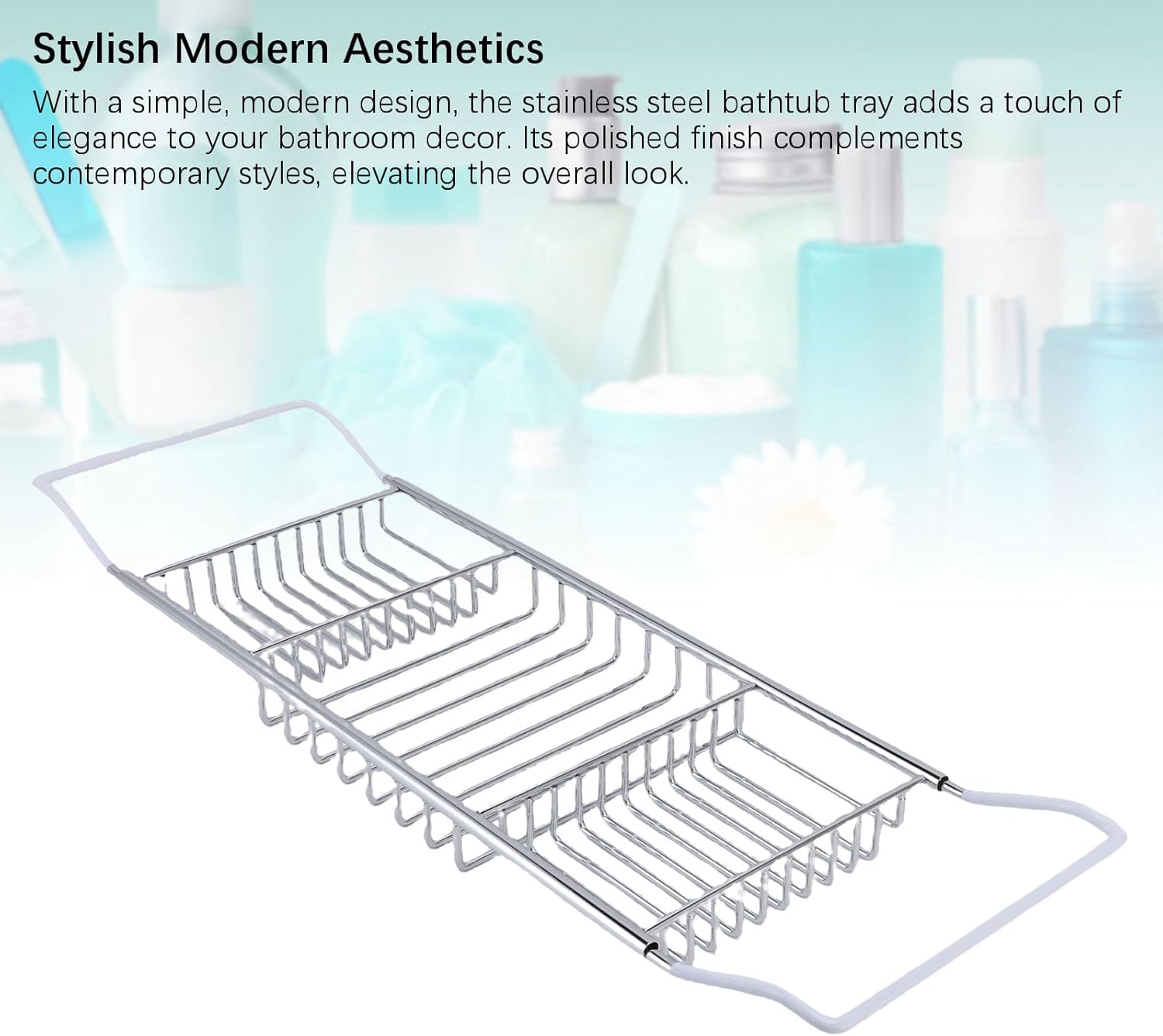 Bathtub Caddy Tray Stainless Steel Expandable Shower Tub Tray Luxury Bath Bathroom Accessories Adjustable Length for Spa Relaxation (Silver)