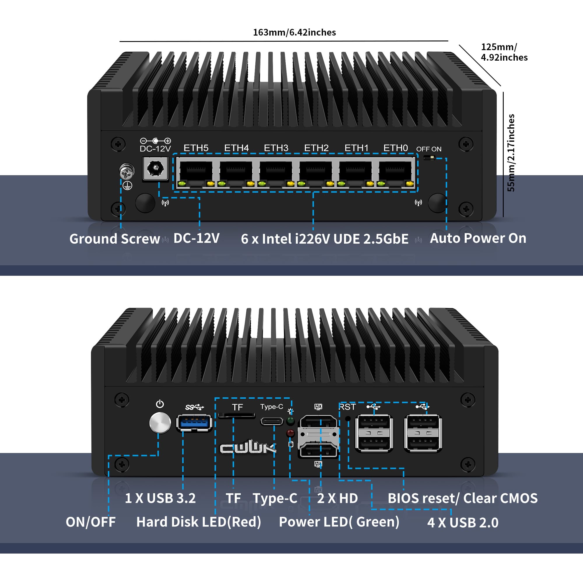 CWWK Mini PC N97, Firewall Hardware, 6 x 2.5GbE LAN, Fanless Mini Computer, OPNsense Micro Appliance, Barebone NO RAM or SSD, 2 x M.2, Software Router, USB-C, MicroSD, AES-NI