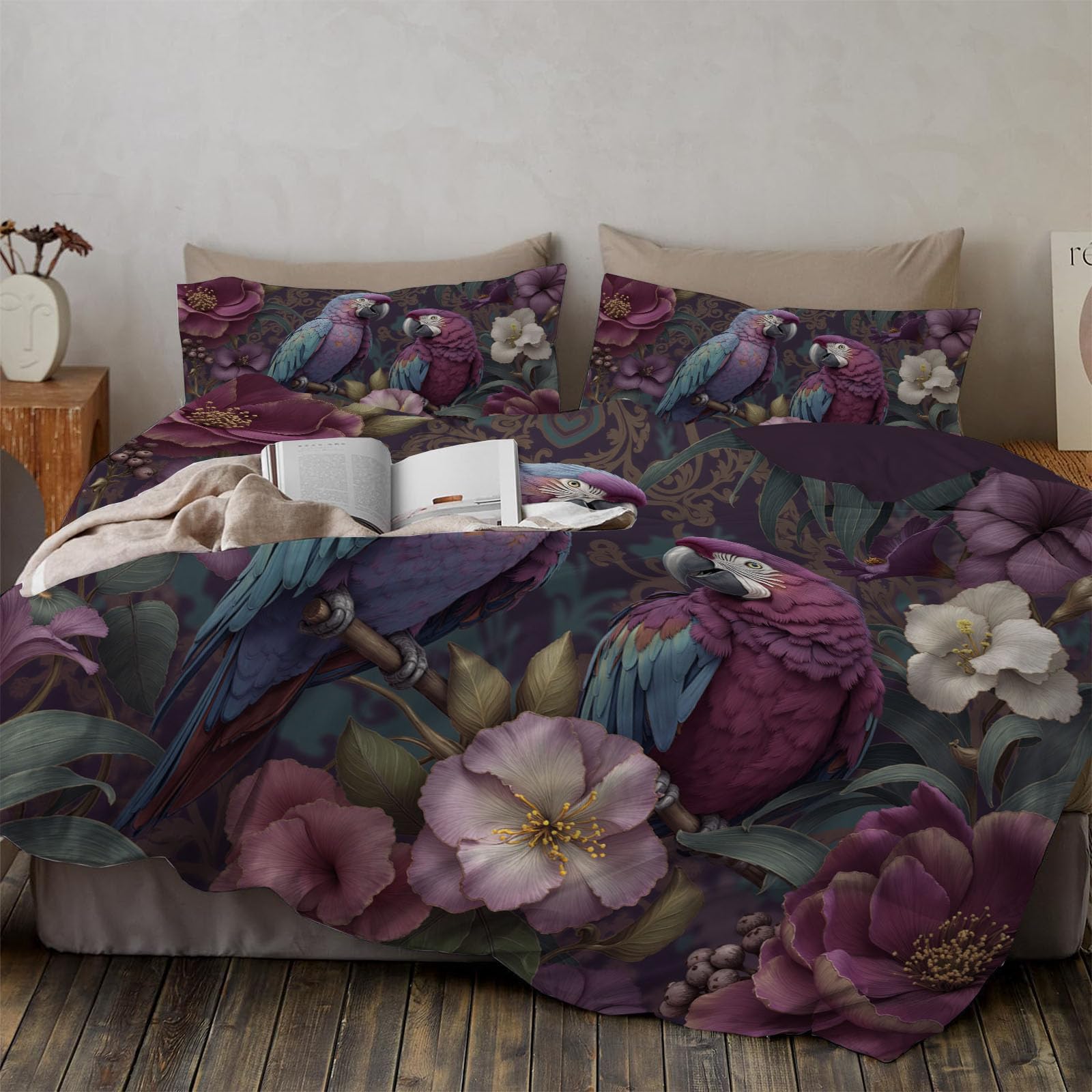 Housse de couette 140x200cm en microfibre hypoallergique rouge pourpre motif perroquets
