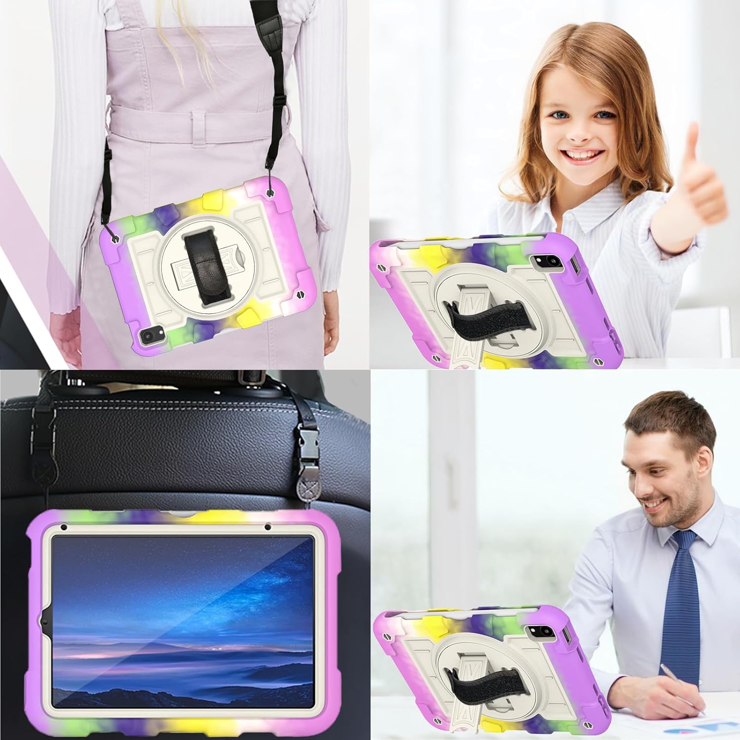 for iPad Mini 7 A17 Pro Case 2024 iPad Mini 6th Generation Case 2021 8.3 Inch Shockproof iPad Mini 7/6 with Protector Rotating Hand Strap + Stand (Colorful Purple)