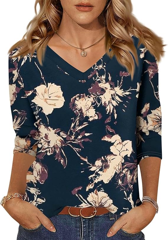 HTHLVMD Womens 3/4 Length Sleeve Tunic Tops Summer Fall Outfits 2025 Three Quarter Sleeve Casual V Neck T Shirts for Women