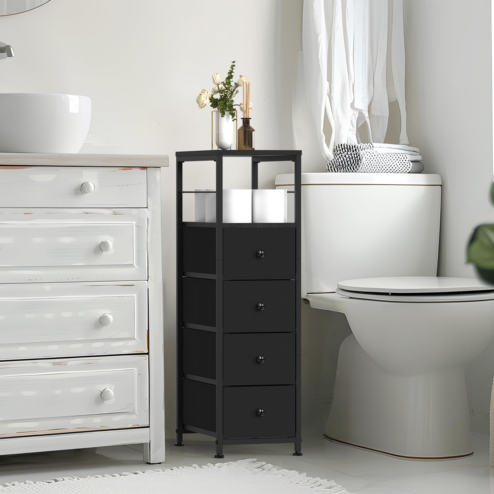 Komoda wąska szafka z 4 szufladami z materiału, szafa z szufladami, wieża do przechowywania, organizer do sypialni, salonu, kuchni, biura, korytarza, 87 x 40 x 25,4 cm, czarna