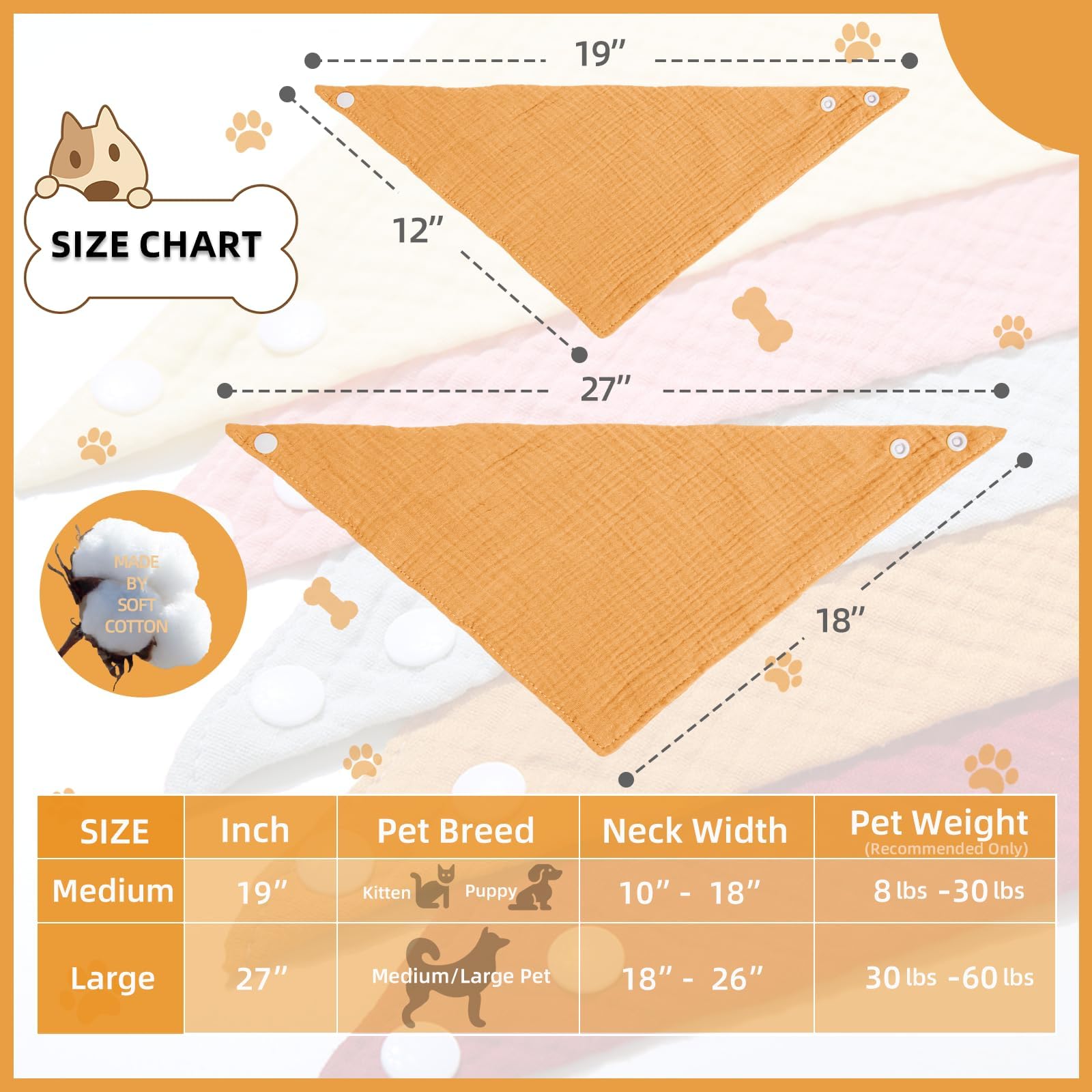 ICEMOOD Dog Solid Color Scarf - Puppy Cotton Bandana with Adjustable Button Fastening, Mid Yellow, Medium, 5lbs - 30lbs - Image 2