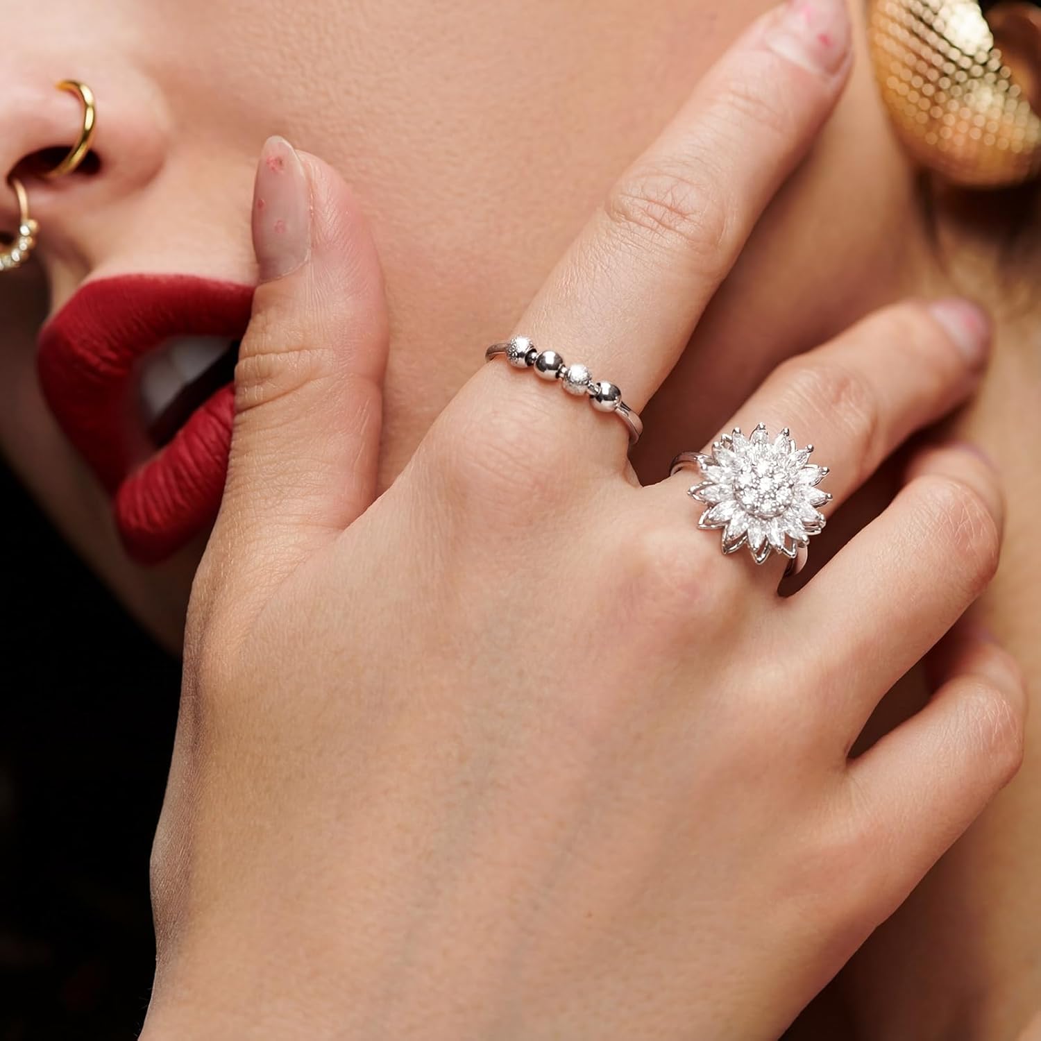 Tondiamo 6 Pcs Fidget Anxiety Rings Women Adjustable Spinner Ring Rotatable Open Cz Crystal Rings for Anxiety Stress Relief - Image 6