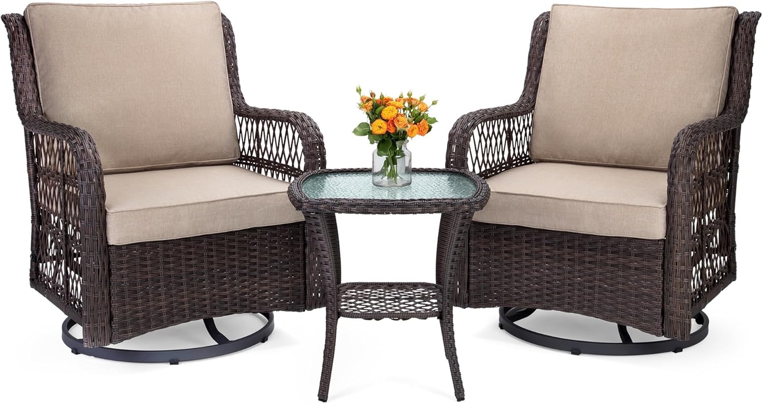 GarveeLife 3 Pieces Outdoor Swivel Chair Set, Wicker Swivel Rocker Patio Chairs, Thick Cushion and Side Table for Balcony, Porch, Backyard, Garden, Beige
