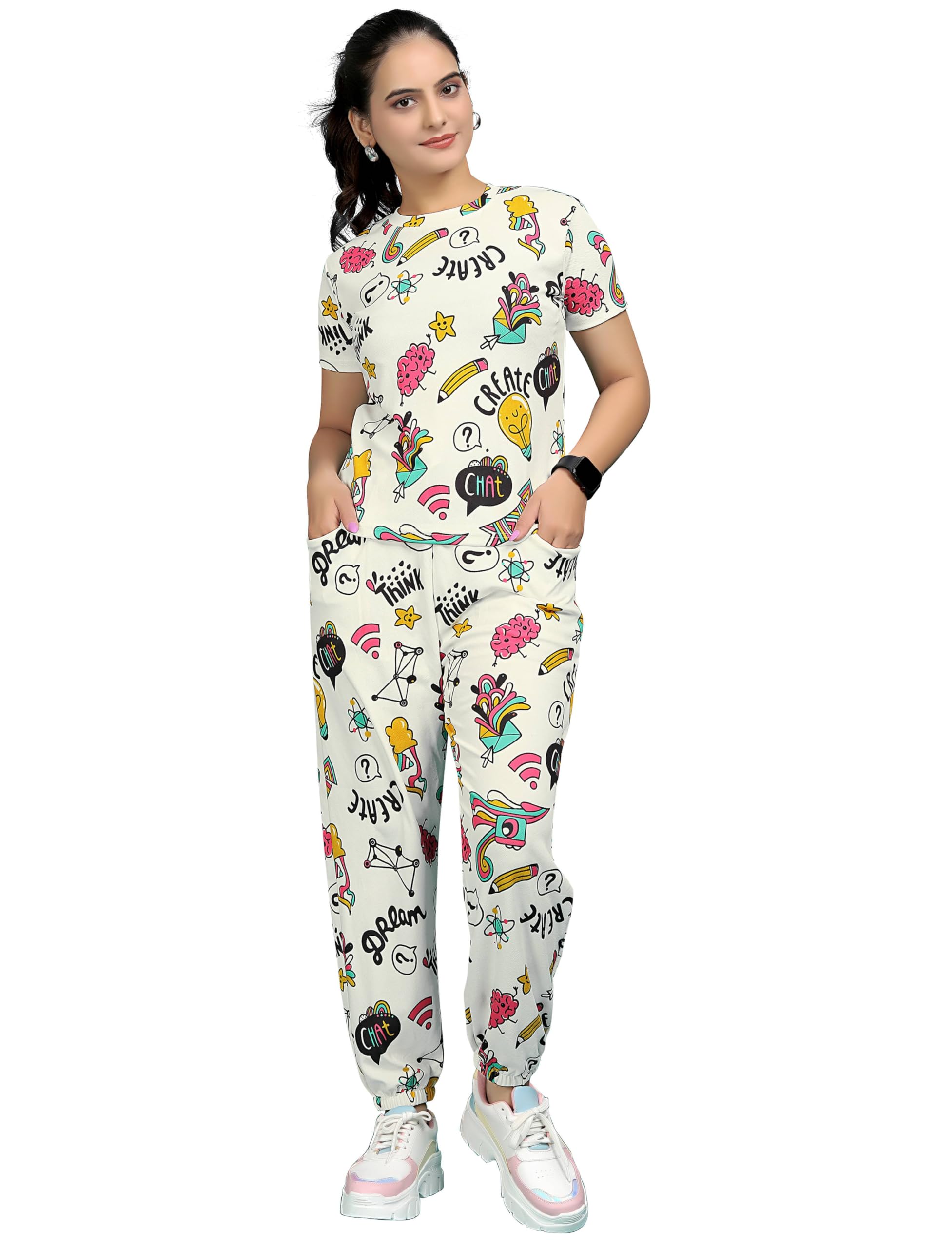 Stylish Printed Night Suit Set for Women - Polyester Lycra Hosiery with Ankle-Length Joggers, Side Pockets, and Adjustable Drawstring Waist-image-30
