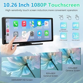 Portable Carplay Screen, Carpuride V92R Wireless Carplay & Android Auto, 10.26 Inch 1080P HD Touch Screen Radio with Real 720P Backup Camera/BT 5.0/Mirror Link Support Truck RV Dash Mount