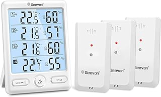 Geevon Indoor Outdoor Thermometer Wireless, 5-Inch Display Digital Hygrometer Thermometer Temperature Humidity Monitor with 3 Remote Sensors and Backlight, Battery-Powered(White)