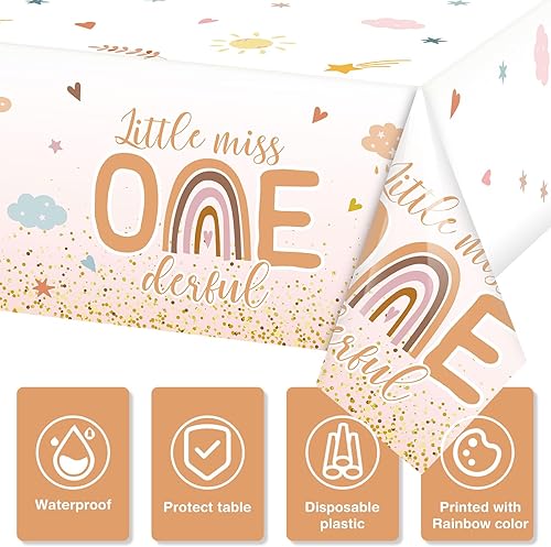Miniatura 4 de Tiamon 3 manteles bohemios para el primer cumpleaños de 108 x 54 pulgadas, mantel de plástico arcoíris de 108 x 54 pulgadas, mantel de Little Miss