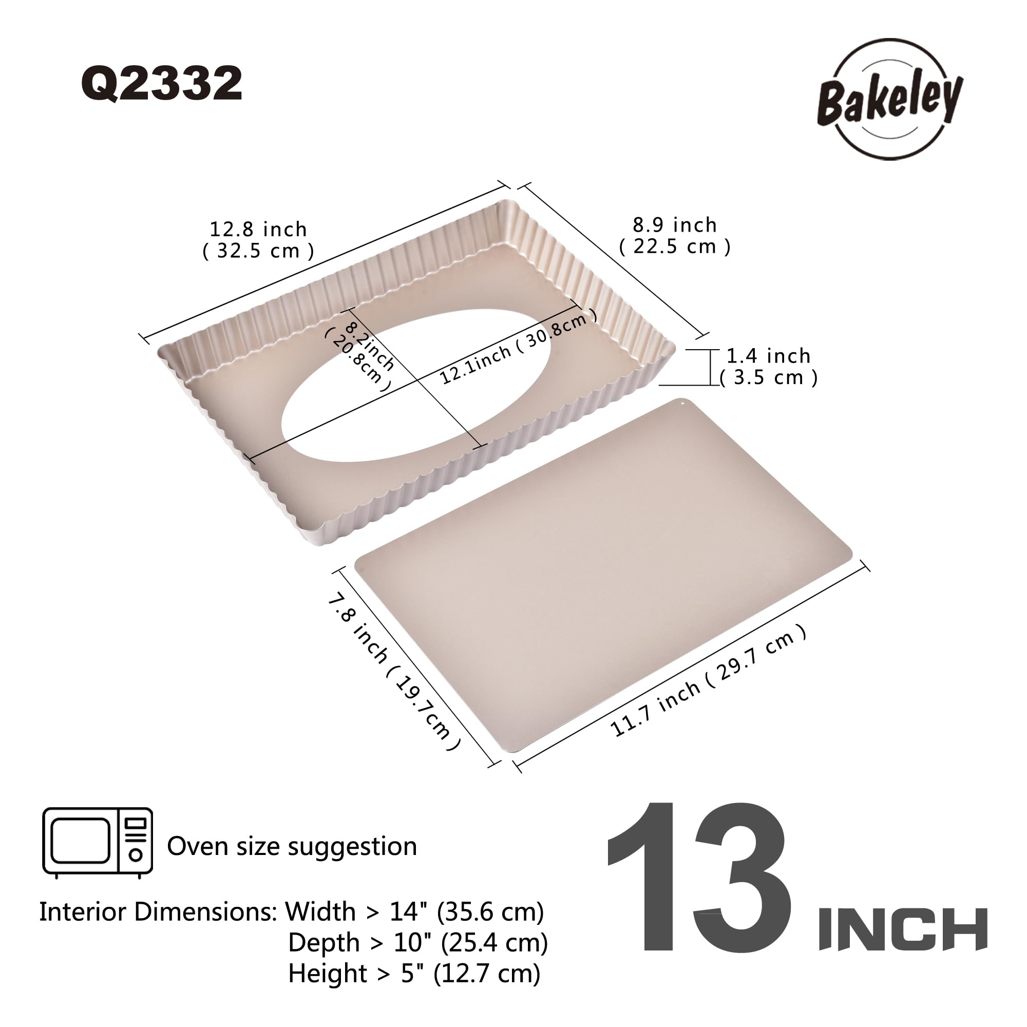 Molde rectangular para tartas, 13 pulgadas con fondo suelto extraíble, antiadherente, oblongo, para hornear quiche (dorado champán)