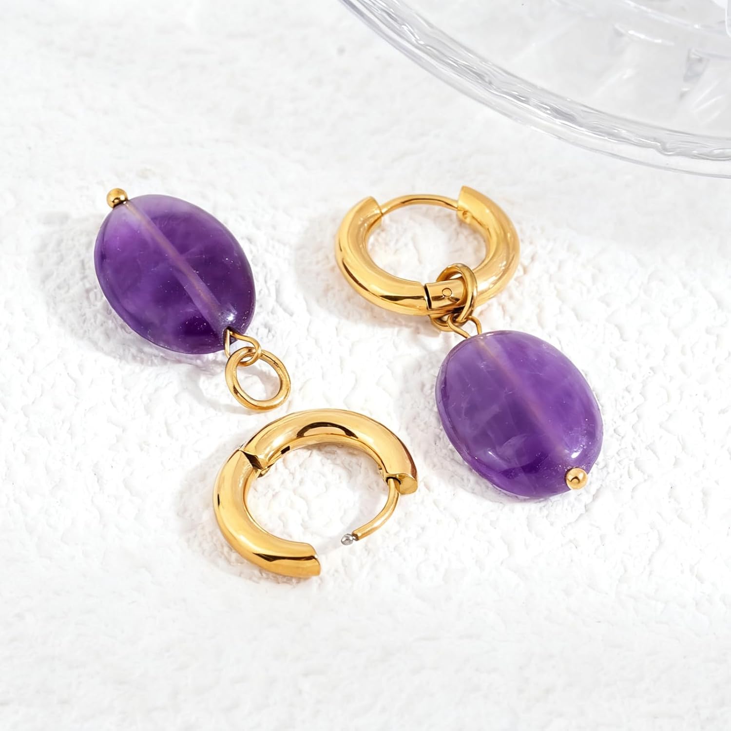 Oval Birthstone Natural Gemstone Earring for Women 18k Gold Plated Huggie Hoop Drop Jewelry Valentine's Day Birthday Gift for Wife Girlfriend Mother - Image 2