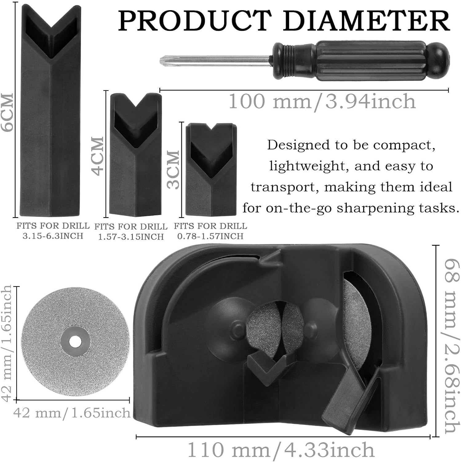 JONMON Drill Bit Sharpener, Multipurpose 3 Sizes Drill Bit Grinding Sharpening Tool with 2 Grinding Wheel Blades and Screwdriver for 5/64-5/8 Inch High Speed Steel, Masonry, Carbide, Cobalt Bits