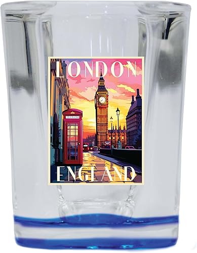 R and R Imports London England Design B Souvenir - Vaso de chupito cuadrado de 2.5 onzas, base azul, paquete de 2 unidades