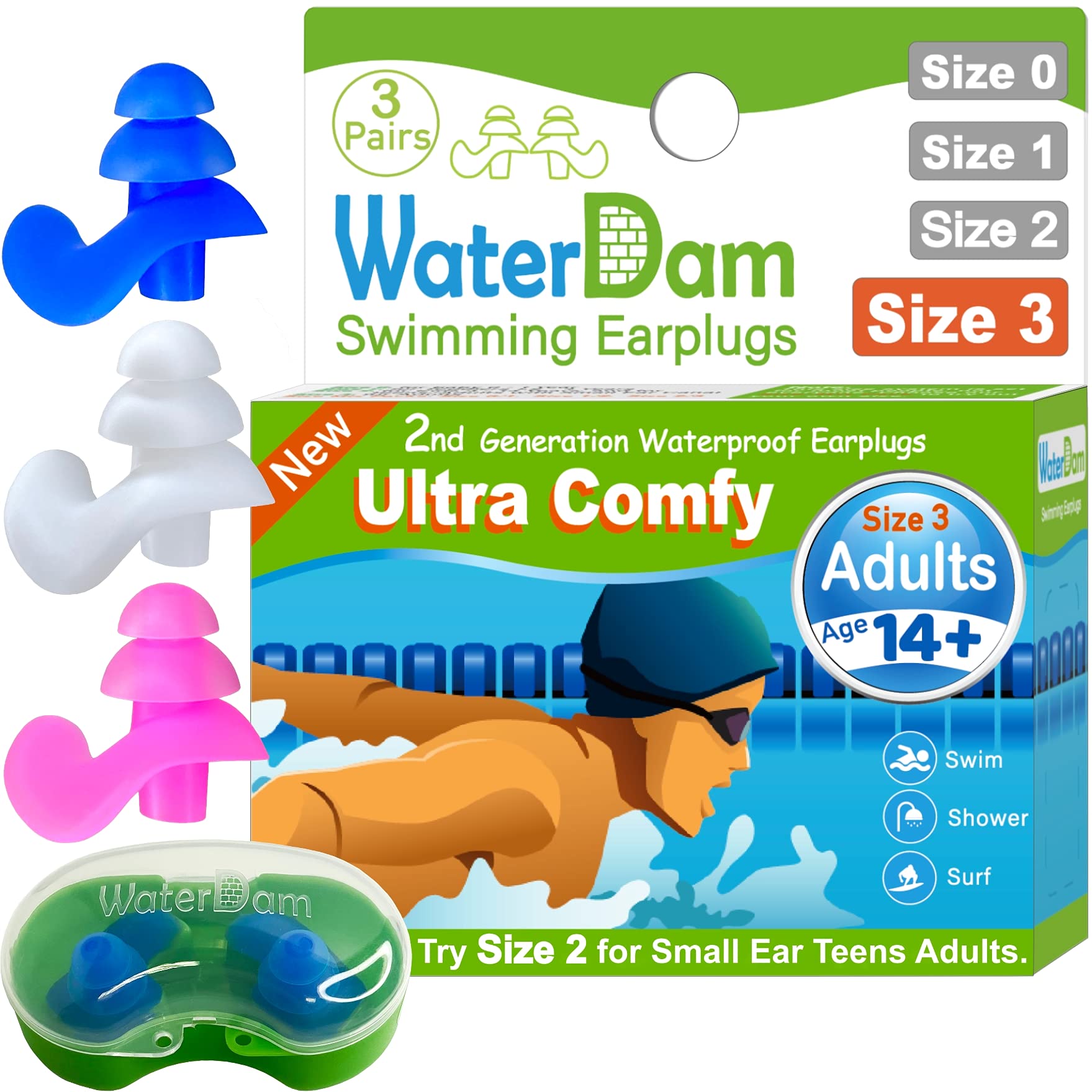 WaterDamWaterDam Swimming Ear Plugs Great Waterproof Ultra Comfy Earplugs Prevent Swimmer's Ear