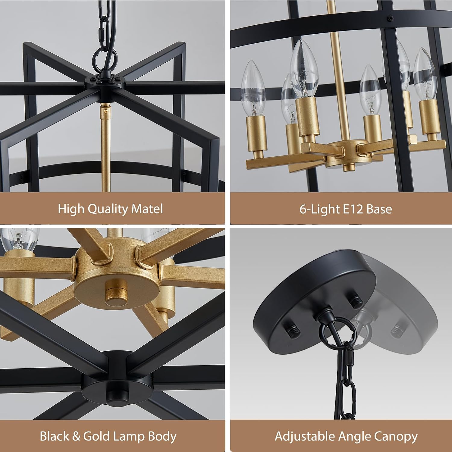 Black and Gold Chandelier 6-Light 18 Inch Dining Room Light Fixture Geometric Metal Modern Pendant Lighting for Kitchen Island Living Room Entryway Bedroom, Metal Hanging Ceiling Lamp