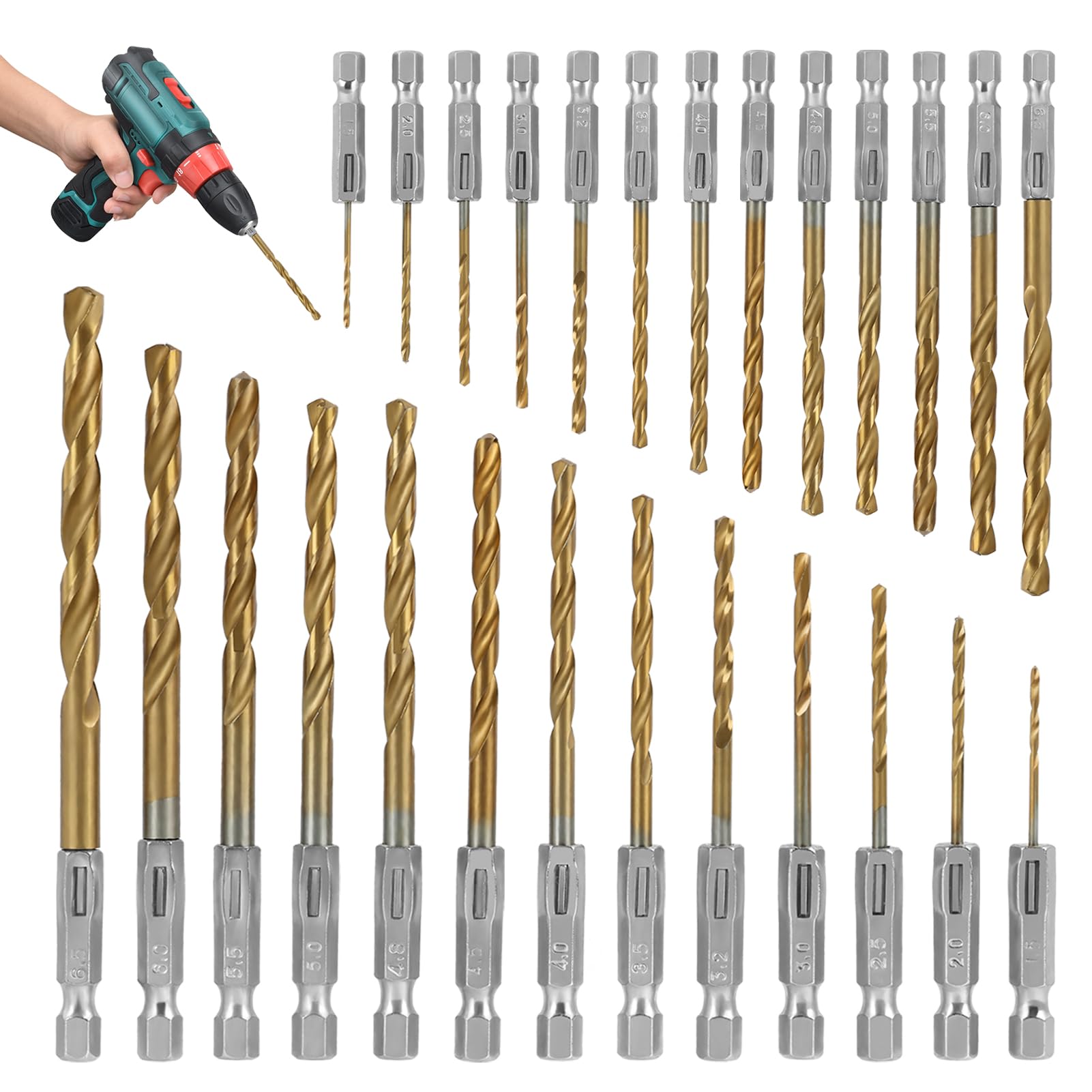 Set di 26 Punte da Trapano Rivestite in Titanio, Attacco Esagonale, in Acciaio ad Alta Velocità da 1,5 a 6,5 mm, Ideale per Trapano a Mano e a Percussione, per Metallo, Legno e Plastica