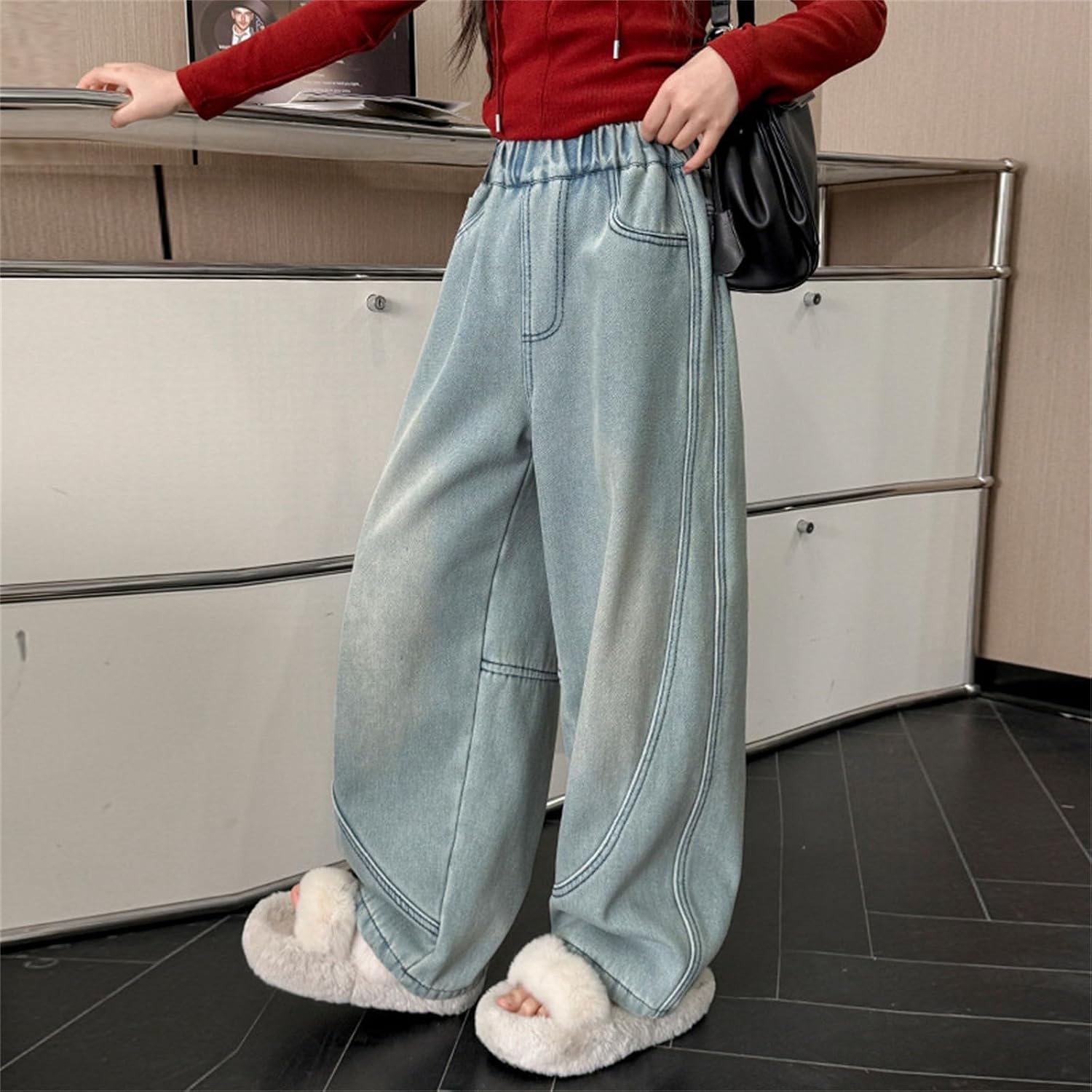 Tween Girls Distressed Baggy Jeans High Waisted Wide Leg Denim Pants Pull On Jogger Jeans for Girls Vintage Jogger Pants