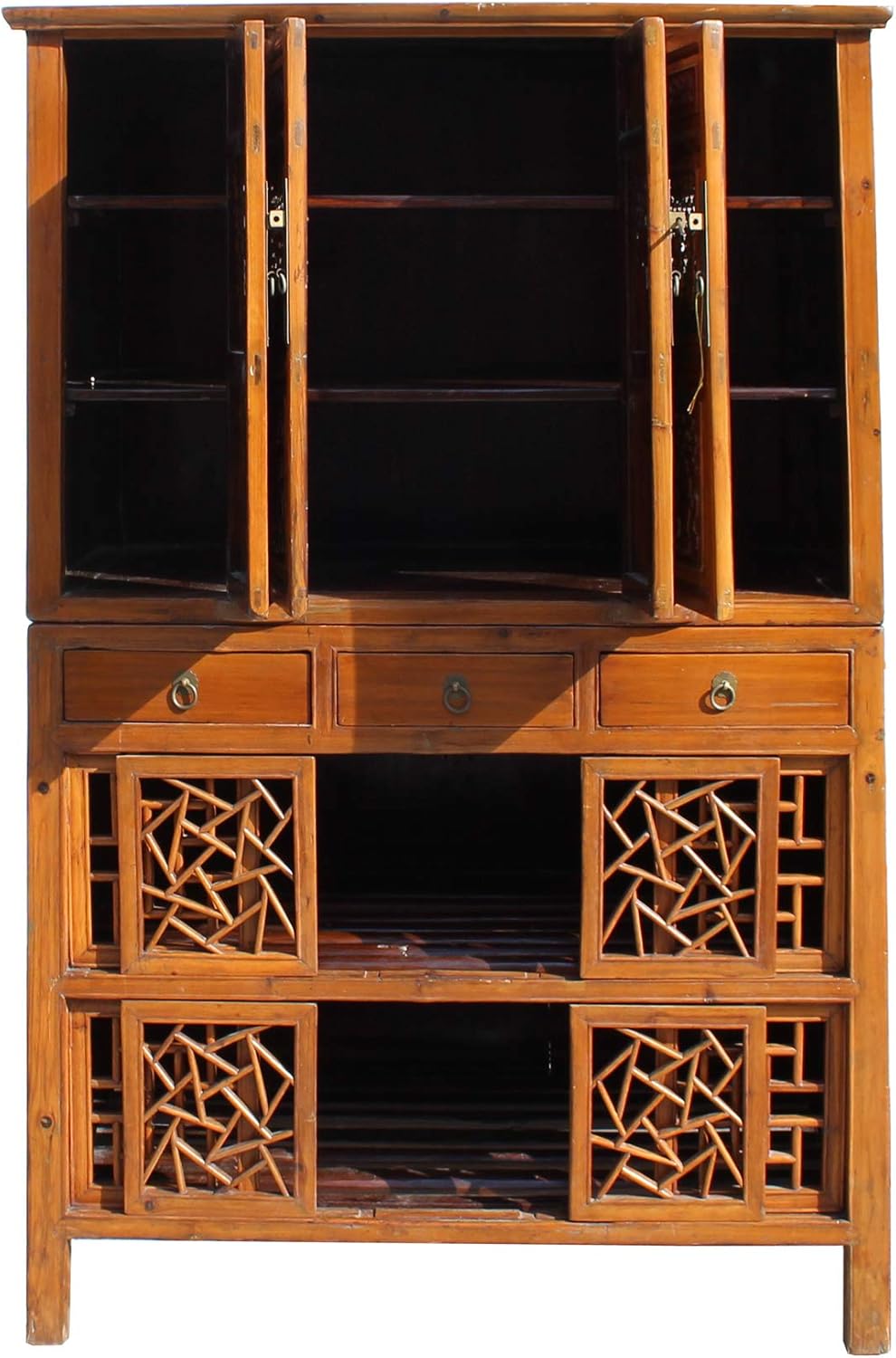 Chinese Brown Open Panel Relief Carving Storage Stack Cabinet Acs5460