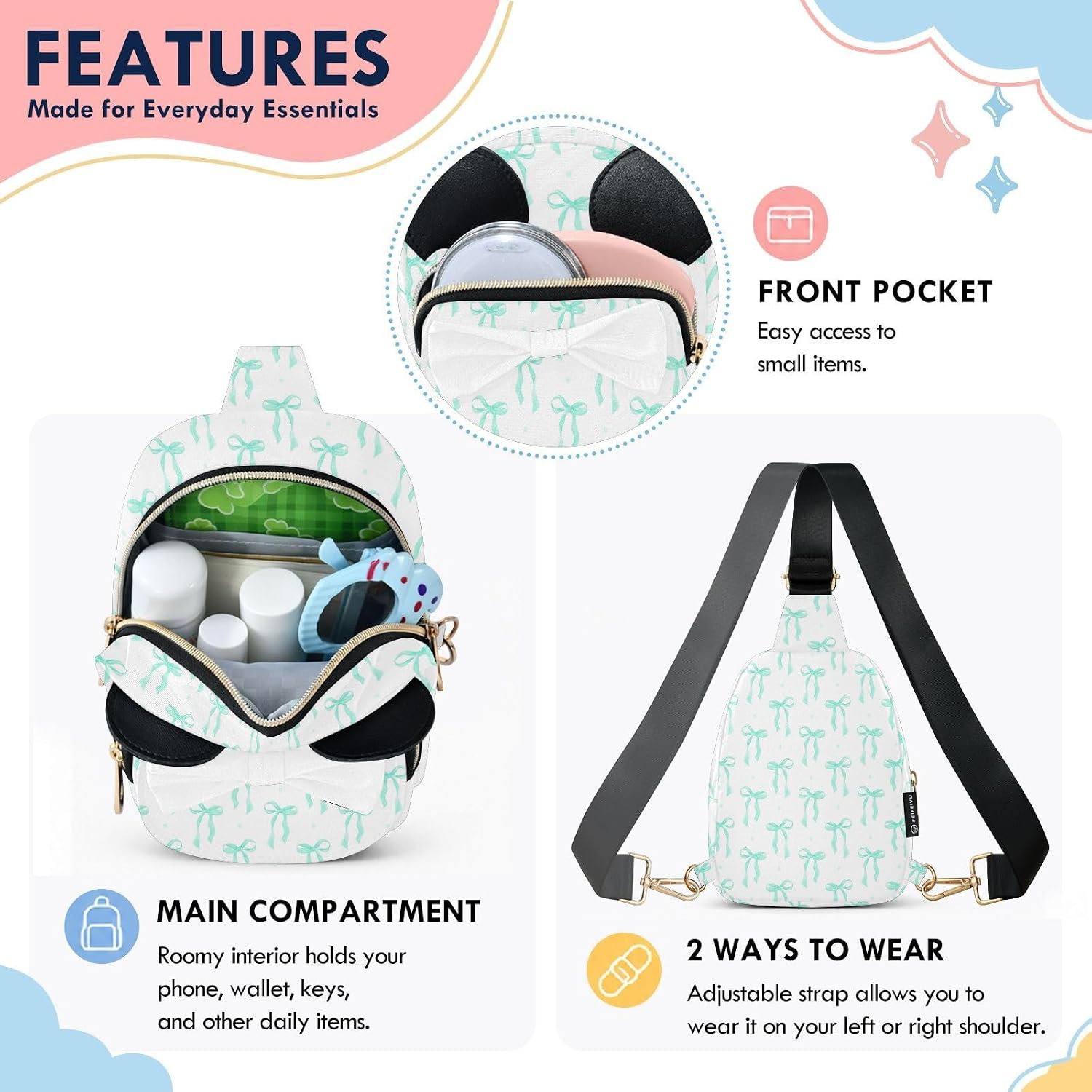 Sinestour Teal Bow Kids Crossbody Bags for Girls, 3.1x7.5x5.7In | Crossbody Fanny Pack, Toddler Purse, Cute Sling Belt Bag with Ears, 2L Small Shoulder Chest Bag for Travel