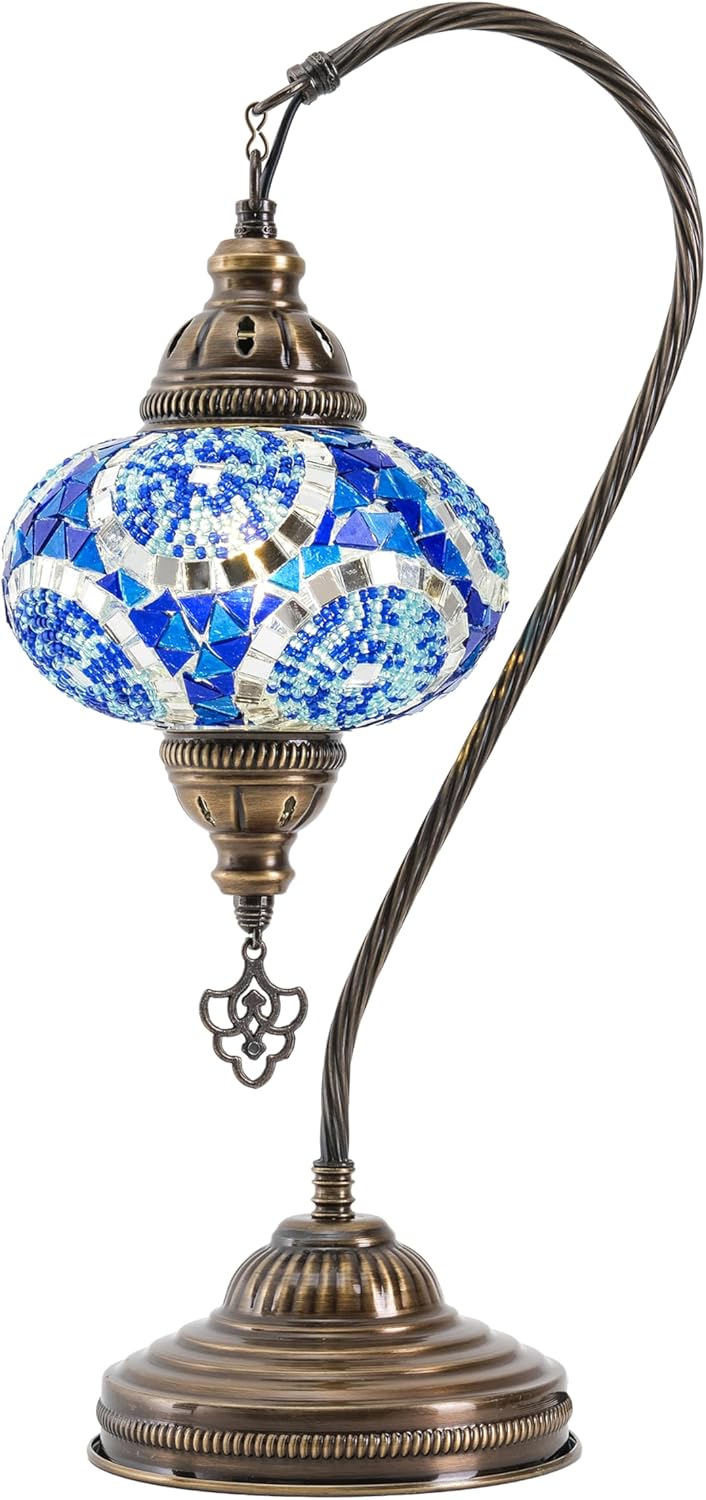 Mozaist Turkish Lamp, Swan Neck Mosaic Table Lamp, Moroccan Decorative Glass Antique Bohemian Vintage Lamp Shade, Tiffany Desk Bedside Stained Glass Lamp with US Plug and E12 Socket