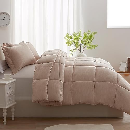 Miniatura 4 de NexHome Juego de edredón tamaño Queen de 3 piezas de color beige, suave, de lujo, teñido catiónico, para todas las estaciones, juegos de cama