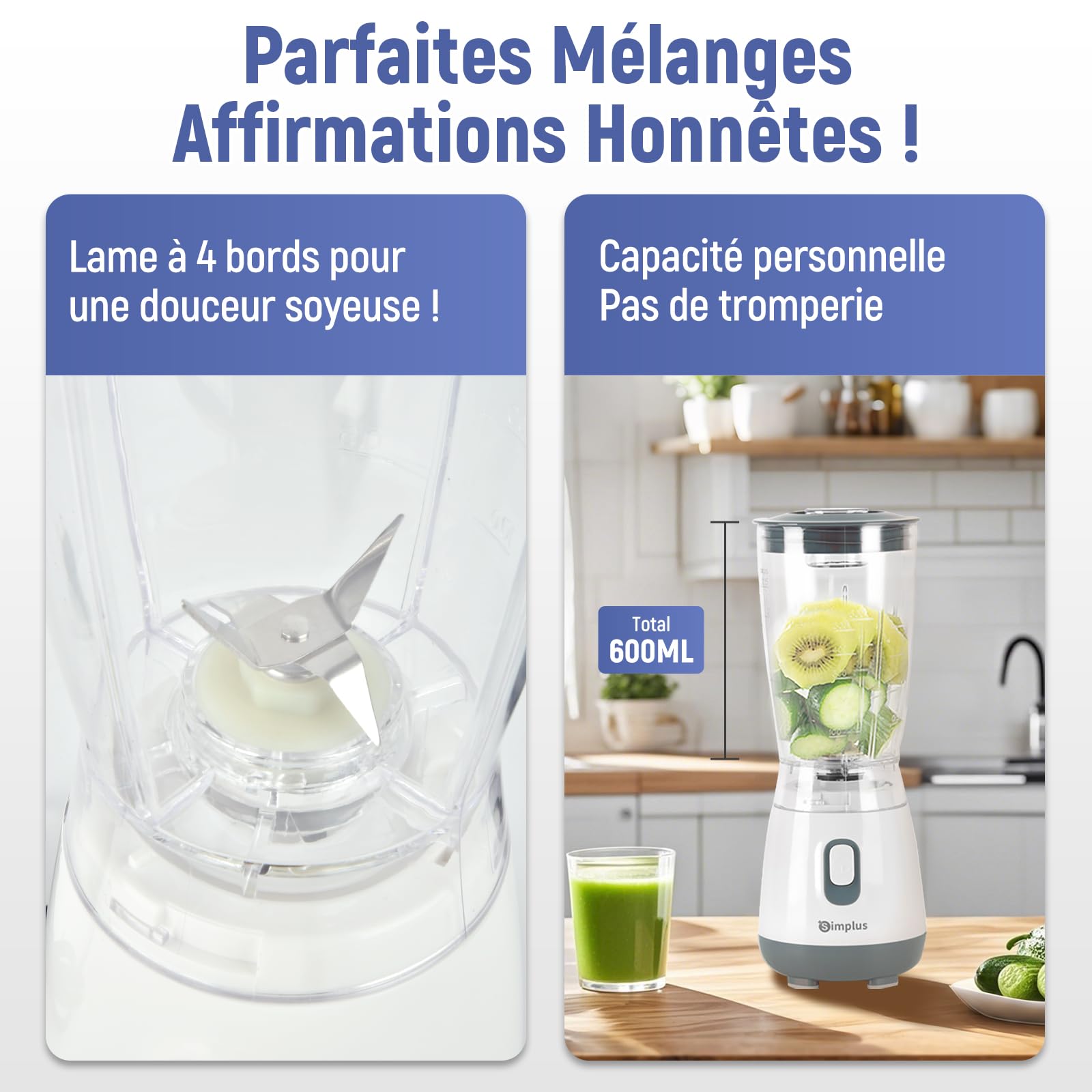 SIMPLUS Blender Mixeur, 600ml Mini Blender, Blinder Mixeur avec 4 Lames Acier Inoxydable, 23000RPM, Extracteur de Jus Électrique pour Fruits, Shake, Smoothie et Aliments pour Bébés, Sans BPA, Blanc