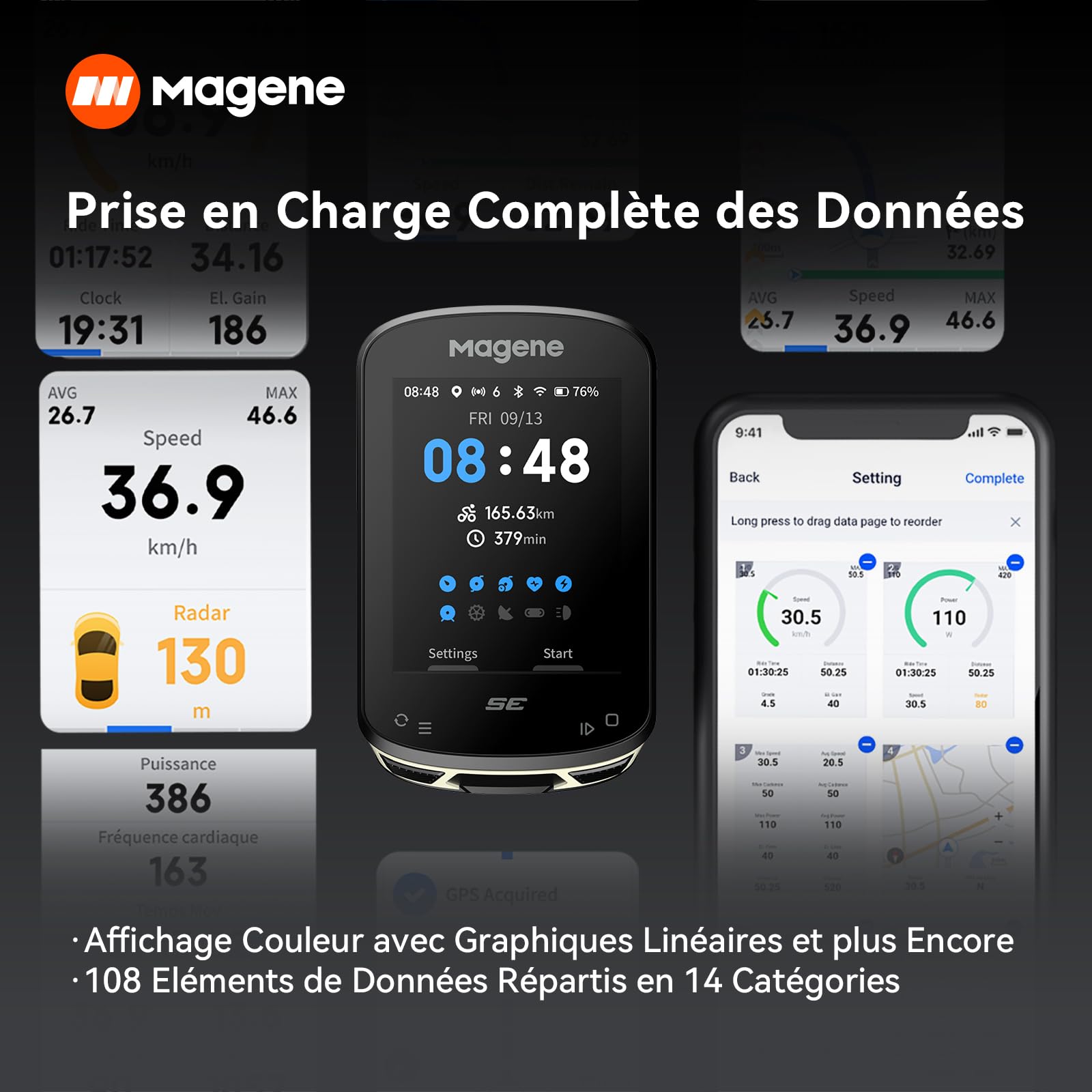 Magene C506SE Compteur Vélo GPS sans Fil, Écran Couleur Étanche de 2,4'', Navigation Routière, Bluetooth&WiFi, Données Personnalisées, 11 Langues