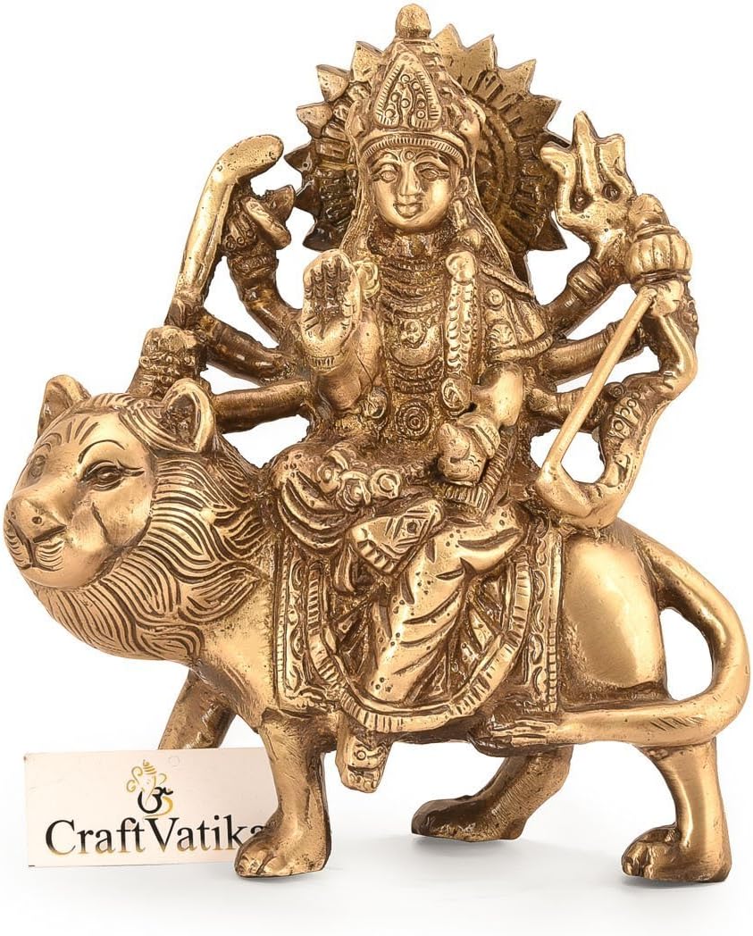 CraftVatika Goddess Ma Durga on Tiger Brass Statue Maa Durga Statue