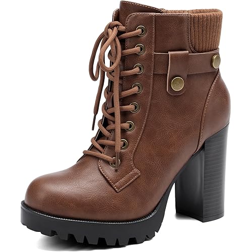 DREAM PAIRS Women's Lace up Combat Ankle Boots High Chunky Heel Fashion Heeled Booties Shoes