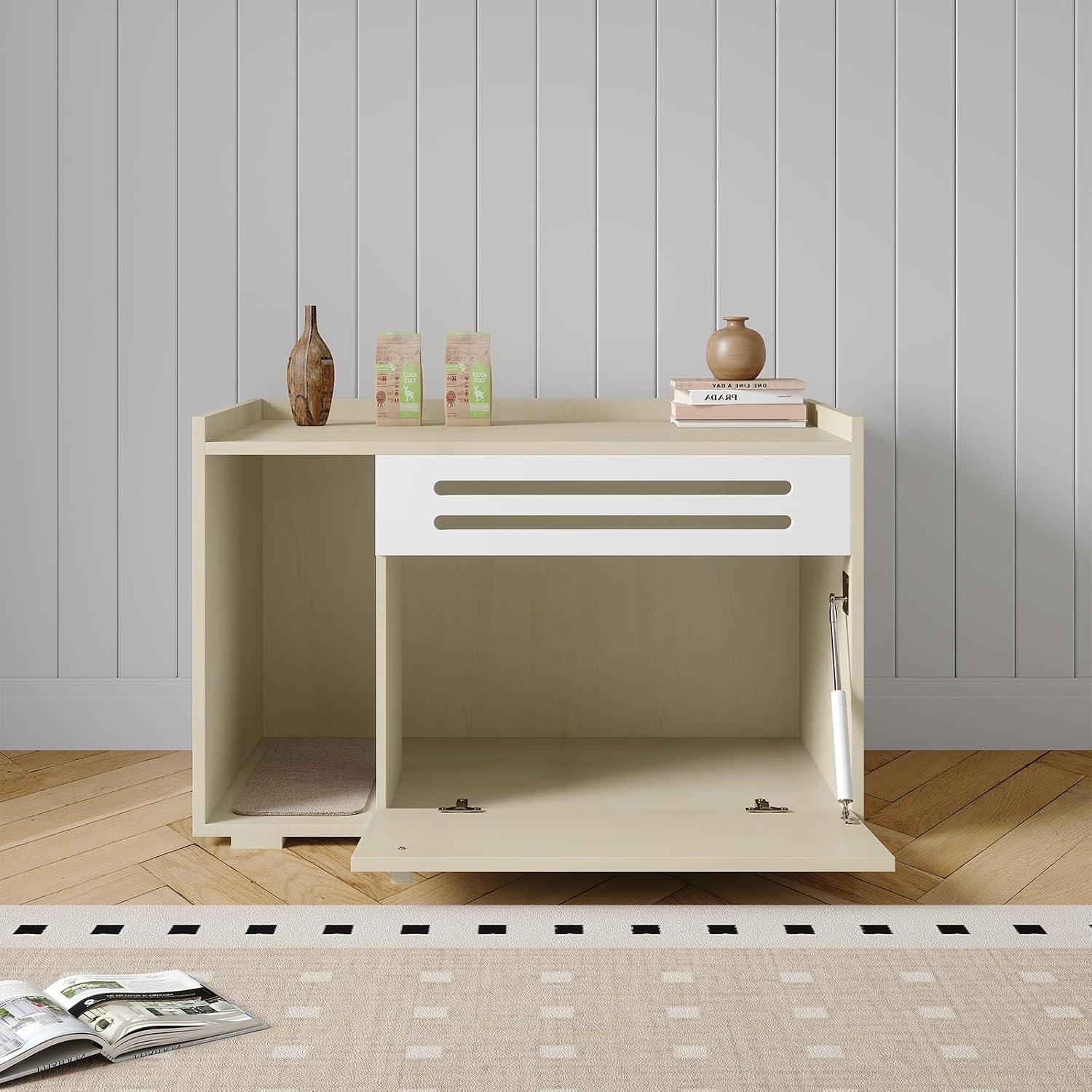 Mobiletto Copri Lettiera per Gatti - Design Moderno, Ampio e Ventilato - Sportello a Ribalta, Privacy Garantita, Facile da Pulire - Colore Legno Naturale
