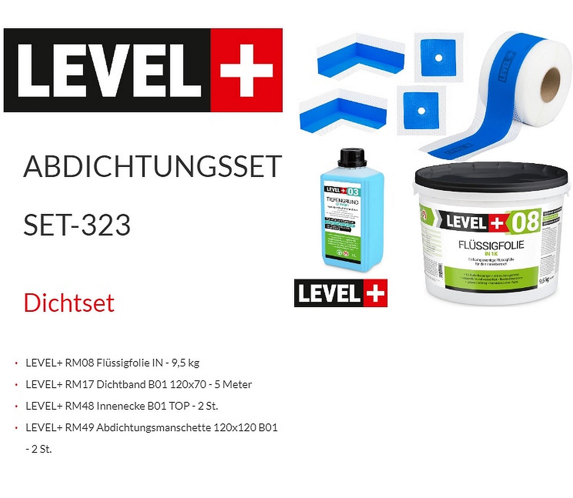 Dichtset 9,5 Kg Flüssigfolie, 2 Innenecken, 2 Wandmanschetten, 5m Dichtband, Tiefengrund 1 L Abdichtungsset Bandset Dusche Bad Küche SET323