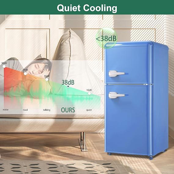 Retro Fridge with Freezer, 3.5 Cu. Ft. Mini Fridge, Small Refrigerator with 7-Level Adjustable Thermostat, Retro Compact Refrigerator 2-Door Fridges for Apartment/Dorm/Office/RV, Blue