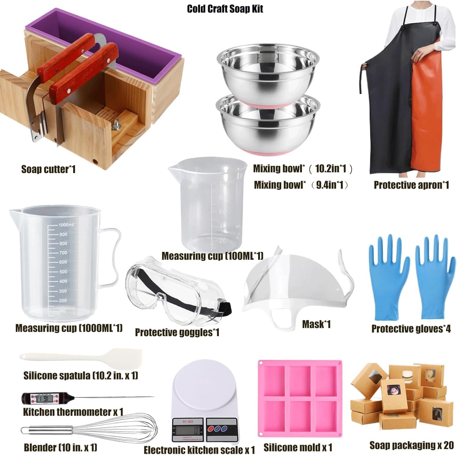 HSHIN Cold Process Soap Making Tool Kit - Complete Equipment Set with Digital Scale, Thermometer, Whisk, Silicone Molds, Soap Cutter & Safety Gear (Tools Only, 20 Soap Boxes Included)
