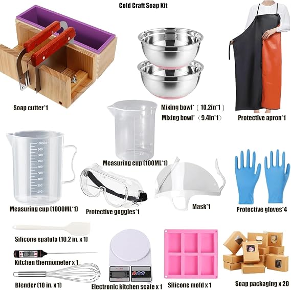 HSHIN Cold Process Soap Making Tool Kit - Complete Equipment Set with Digital Scale, Thermometer, Whisk, Silicone Molds, Soap Cutter & Safety Gear (Tools Only, 20 Soap Boxes Included)