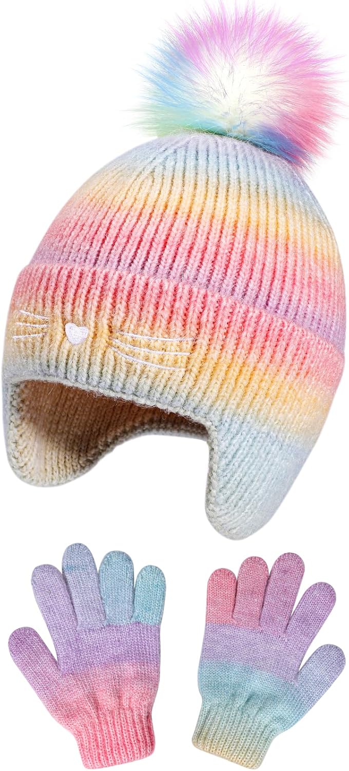 Girls Winter Hat and Gloves Set, Kids Cat Embroidered Knit Beanie with Earflaps Fleece Lined Pom Pom Ski Cap for 2-10Y