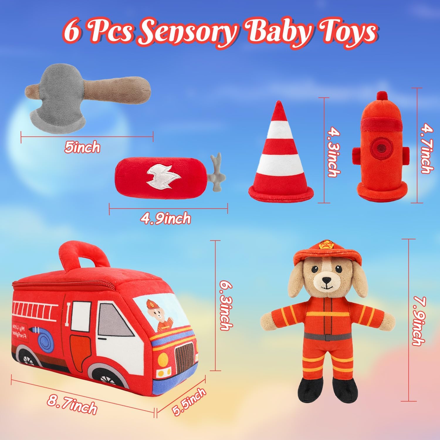 My Little Firefighter Puppy Plush Toy Set Sensory Toys for Babies 0-6-12 Kids Plush Fireman Montessori Sensory Role Play Toy for Infants and Toddlers Early Learning Boy Pretend Play Gift